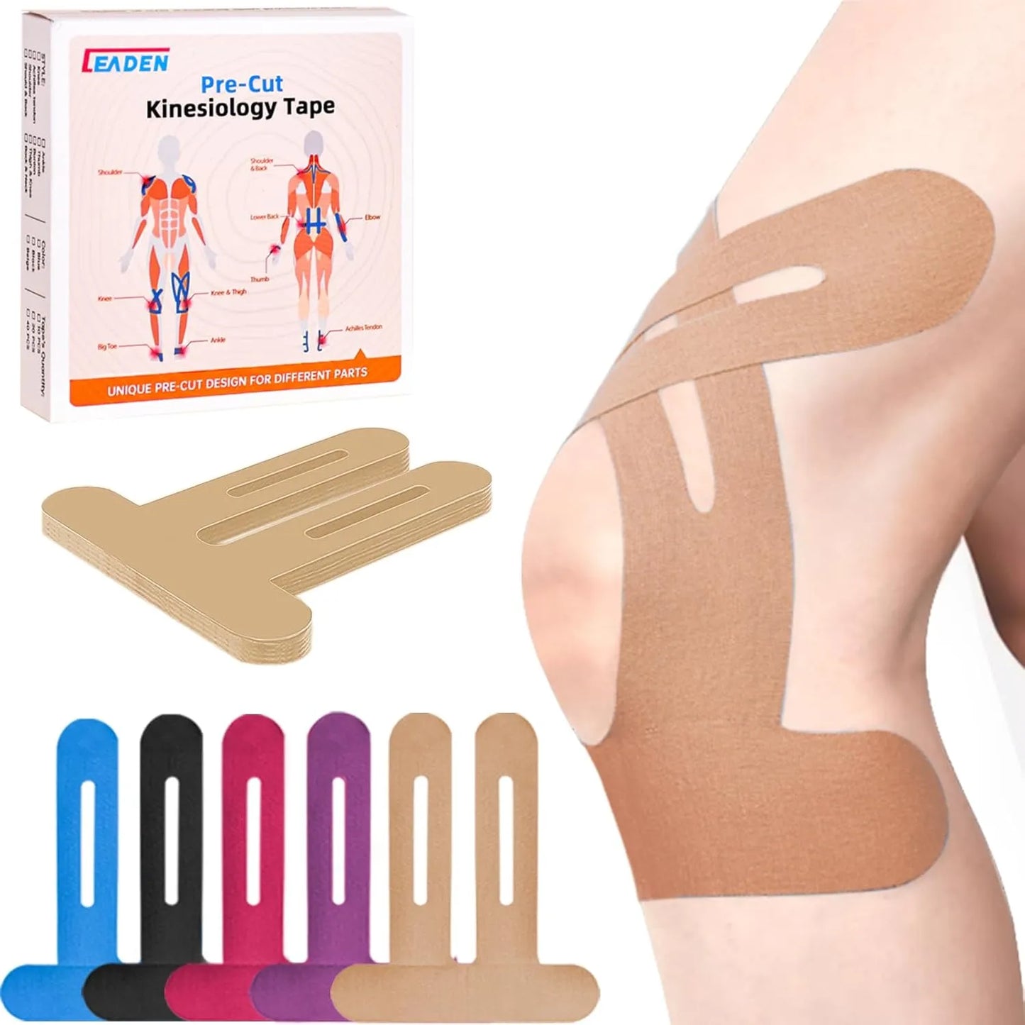 Cinta Kinesiológica Pre-cortada para Rodilla – 10 Tiras para Soporte y Estabilida